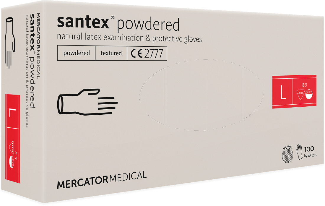 Рукавички латексні оглядові нестерильні припудрені Santex® Powdered, розмір L, Mercator Medical